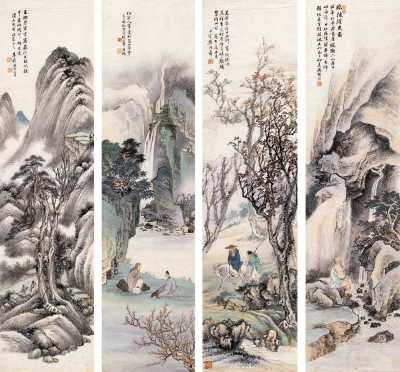 冯超然 樊浩霖 张谷年 朱鼎 己巳（1929年）、庚午（1930年）作 山水人物图 四屏片